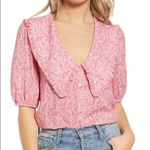 WAYF Blouse Womens‎ XL Ditsy Pink Floral Amie Ruffle Collar Button 3/4 Sleeve